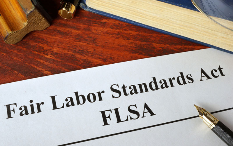 Picture of FLSA Fair Labor Standards Act and a book.
