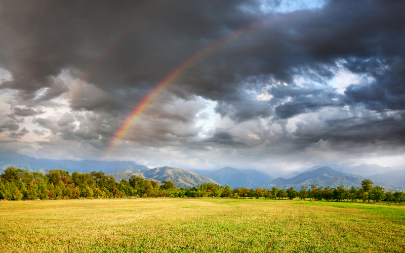 Picture of Rainbow under grass field, trees and mountains at dramatic storm sky with dark clouds background