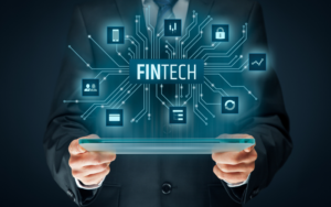 Picture of person with tablet and fintech illustration